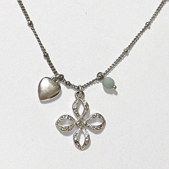 Fossil Necklace Silver Tone Flower Pendant Heart Bead Charm Boho Chic Jewelry - Picture 7 of 8